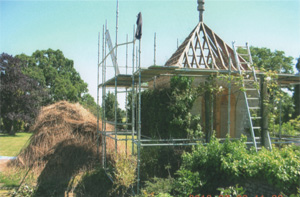 Specialists in re-roofing churches, church porch roof stripped back to the old lath plaster